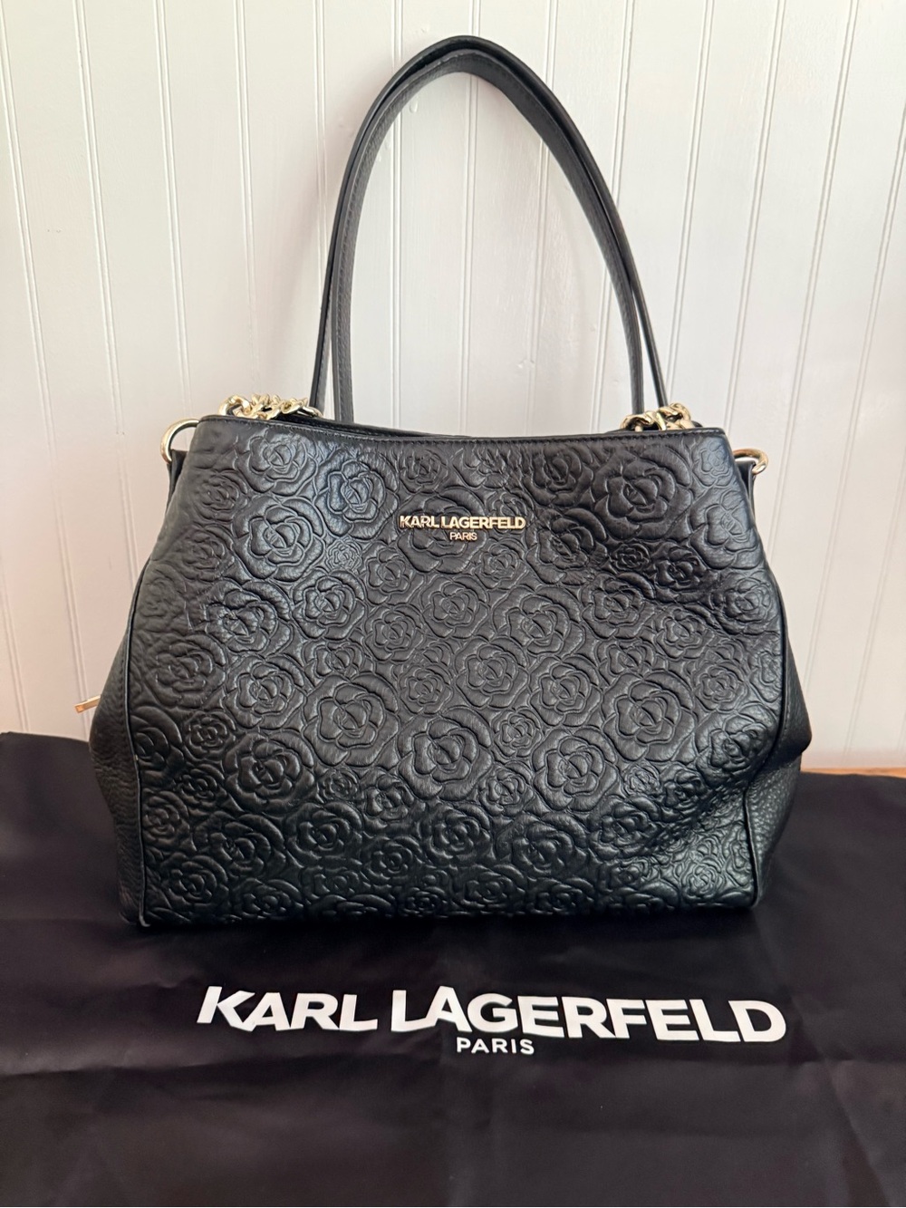 Karl Lagerfeld Black Embossed Floral Leather Shoulder Bag with Gold Hardware